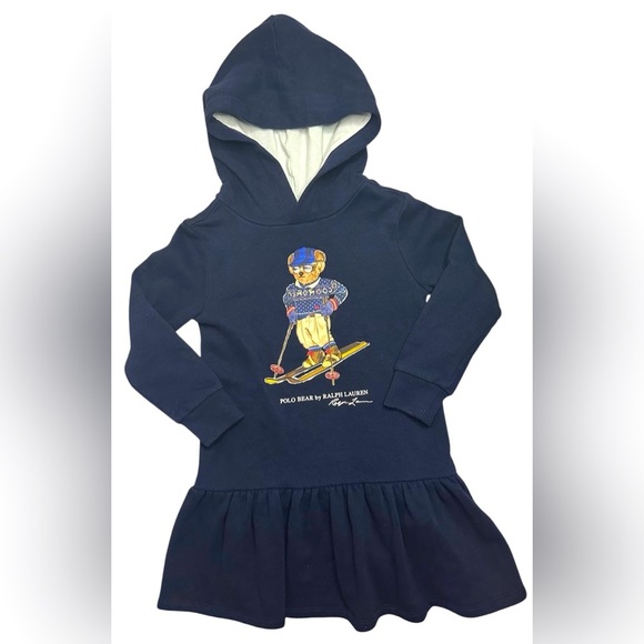 Polo Ralph Lauren Fleece Hoodie Dress Bear on Skis Sweatshirt Girls Navy 6X - Picture 2 of 12